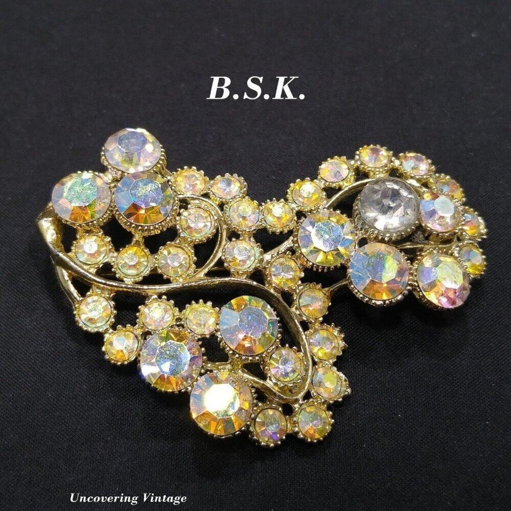 Vintage BSK Gold Aurora Borealis Rhinestone Floral Brooch 1950s Signed B.S.K.
